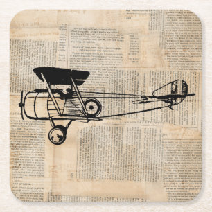 Dessous De Verre Carré Avion vintage Antique Plane sur le texte du journa