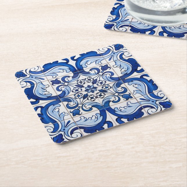 Dessous De Verre Carré Azulejo Motif portugais de carreaux vernis (Incliné)