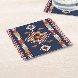 Dessous De Verre Carré Azur Navy et Terracotta Tribal Géométrique 