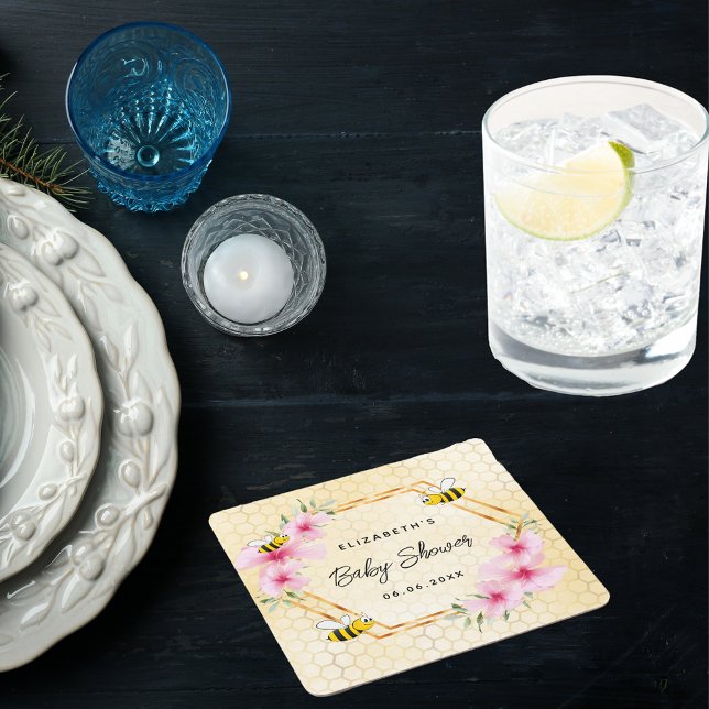 Dessous De Verre Carré Baby shower abeilles nid d'abeille fleurs roses (Créateur téléchargé)