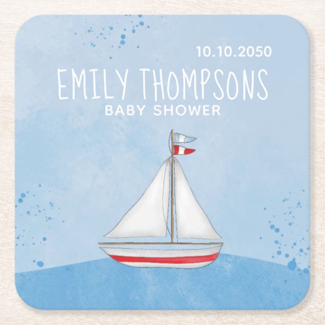 Dessous De Verre Carré Baby shower Aquarelle Nautique navire Whimsical (Devant)