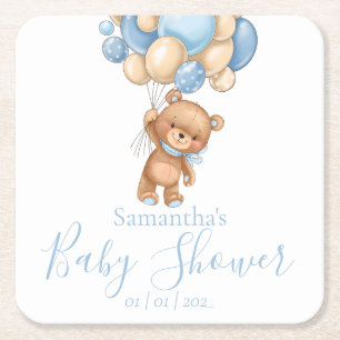 Dessous De Verre Carré Baby shower Ballons Bleus Ours Teddy