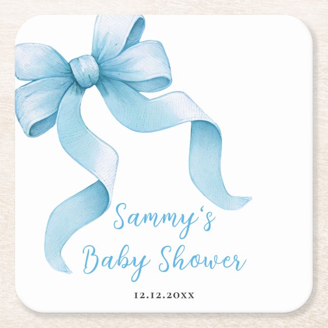 Dessous De Verre Carré Baby shower bleu Coquette Bow (Devant)