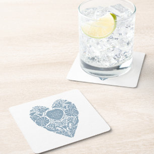 Dessous De Verre Carré Baby shower bleu fleurs folkloriques cœur rose