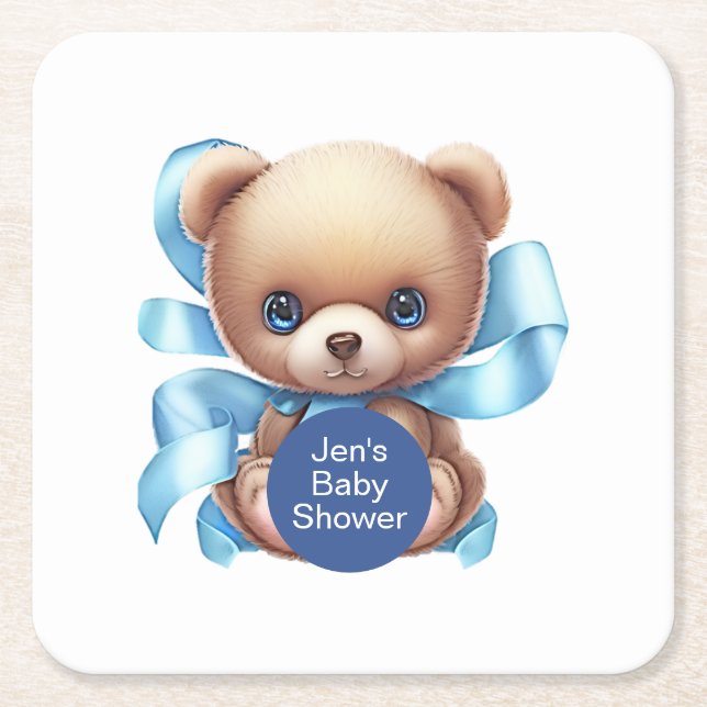 Dessous De Verre Carré Baby shower Bleu Teddy Bear (Devant)