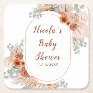 Dessous De Verre Carré Baby Shower Bohème Herbe de Pampas Terracotta