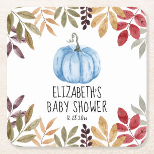 Dessous De Verre Carré Baby shower d'automne Citrouille bleu