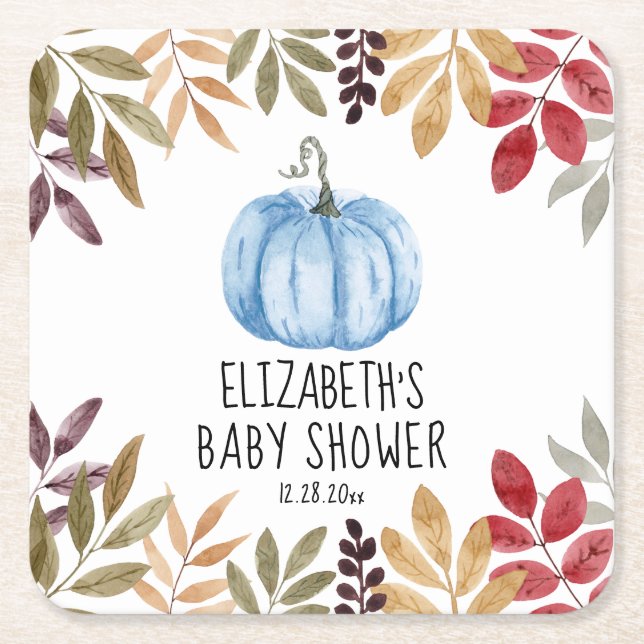 Dessous De Verre Carré Baby shower d'automne Citrouille bleu (Devant)