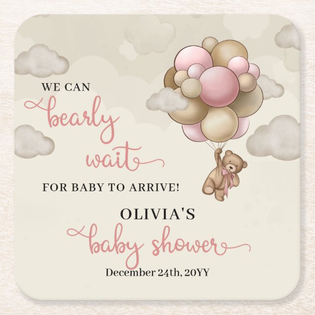 Dessous De Verre Carré Baby shower de ballons d'ivoire rose brun de l'our (Devant)