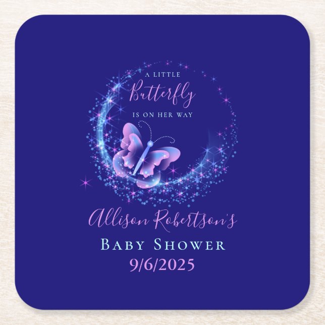 Dessous De Verre Carré Baby shower de fille papillon pourpre (Devant)