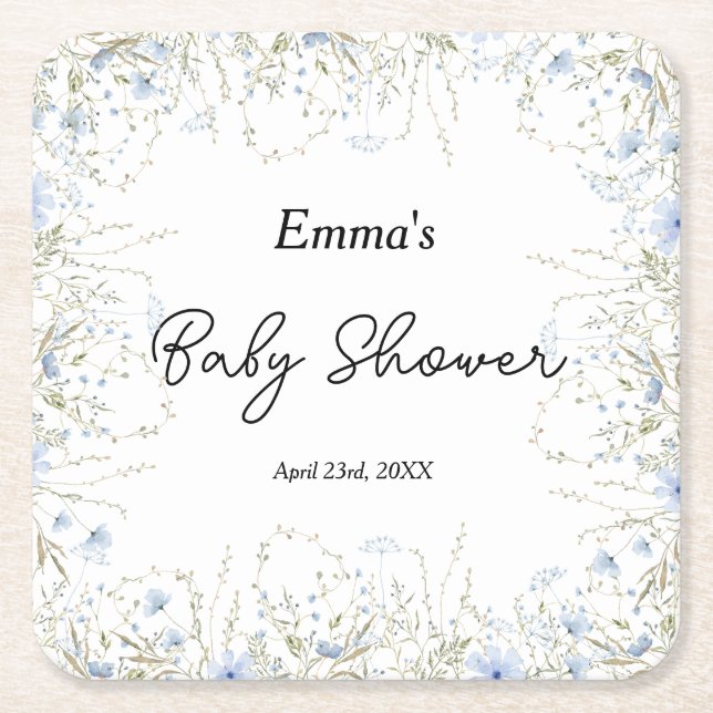 Dessous De Verre Carré Baby shower de fleurs bleues Fleur sauvage aquarel (Devant)