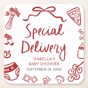 Dessous De Verre Carré Baby shower de livraison spécial Pizza à main roug