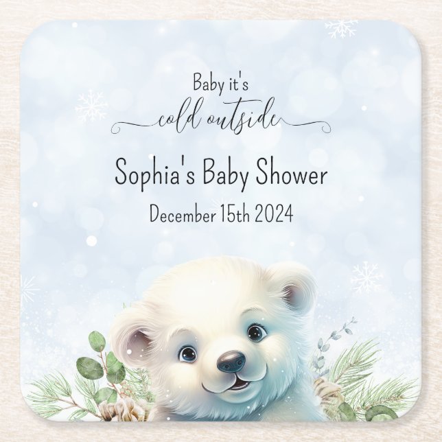 Dessous De Verre Carré Baby shower d'hiver de l'ours polaire bleu (Devant)