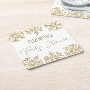 Dessous De Verre Carré Baby shower d'hiver Gold Snowflake