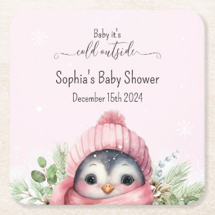Dessous De Verre Carré Baby shower d'hiver Pingouin Rose