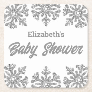 Dessous De Verre Carré Baby shower d'hiver Silver Snowflake