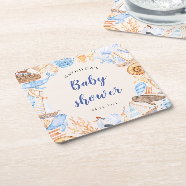 Dessous De Verre Carré baby shower d'illustrations de plage nautique (Incliné)