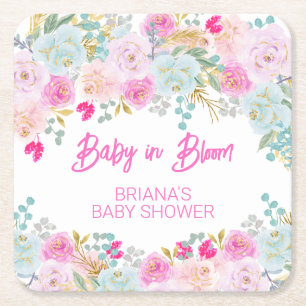 Dessous De Verre Carré Baby Shower Fille Fleur Rose