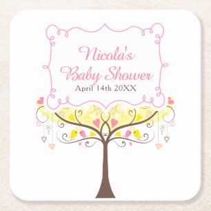 Dessous De Verre Carré Baby Shower Fleur Oiseaux Rose Jaune