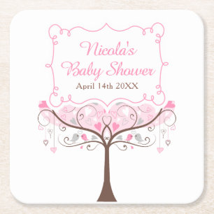 Dessous De Verre Carré Baby Shower Fleurs Roses Oiseaux