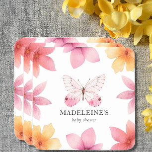 Dessous De Verre Carré Baby shower floral papillon Personnalisé
