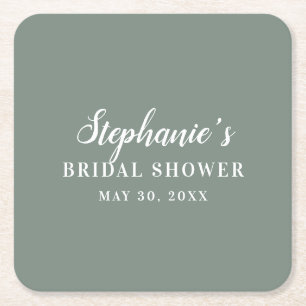 Dessous De Verre Carré Baby Shower Minimaliste Vert Sauge et Blanc