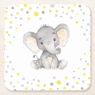 Dessous De Verre Carré Baby shower neutre d'éléphant gris jaune