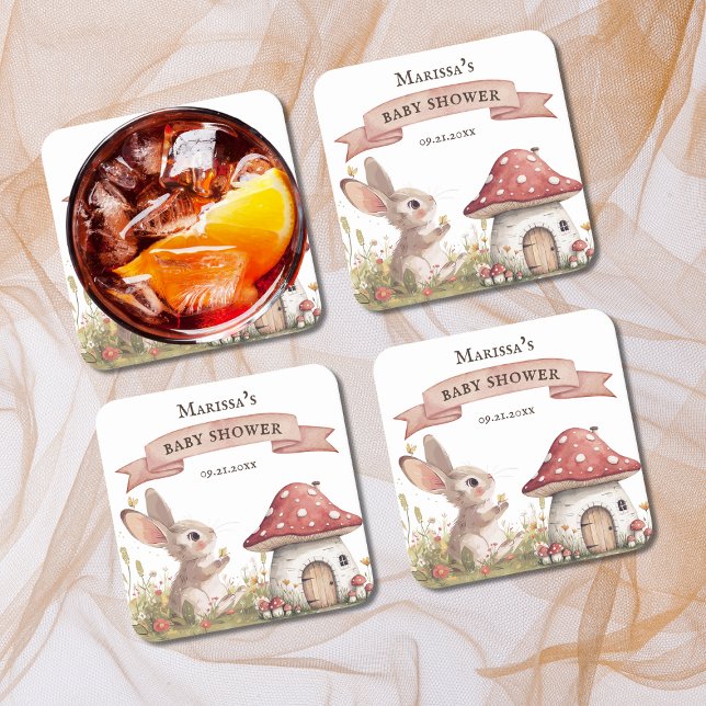 Dessous De Verre Carré Baby shower rustique lapin (cute rustic bunny rabbit baby shower paper coasters, gender neutral baby shower party supplies)
