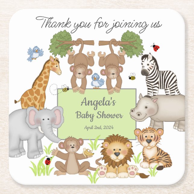 Dessous De Verre Carré Baby shower Safari Animaux (Devant)