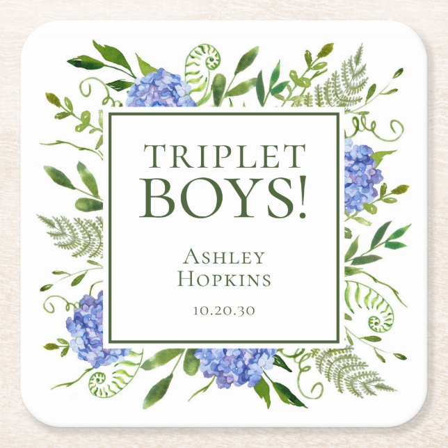 Dessous De Verre Carré Baby shower Triplet Boys Blue Hydrangeas (Devant)
