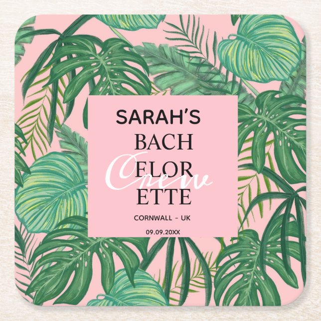 Dessous De Verre Carré Bachelorette Mariée Tropical Palm Pink (Devant)