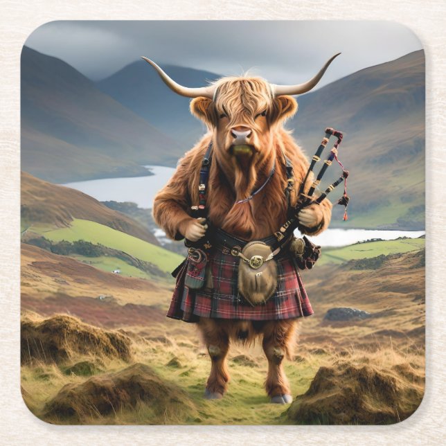 Dessous De Verre Carré Bagpiper de vache écossaise Highland (Devant)