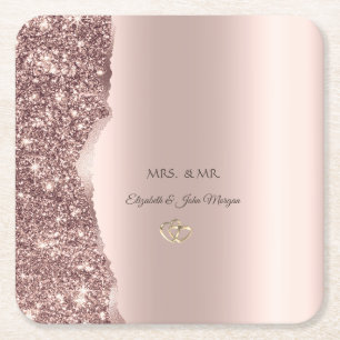 Dessous De Verre Carré Bagues dorées avec paillettes or rose élégantes