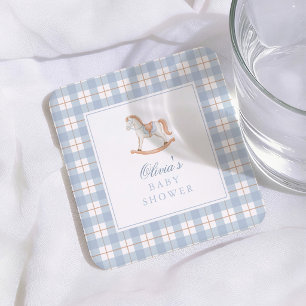 Dessous De Verre Carré Baignoire Bébé Cheval à Bascule Gingham Bleu Vinta