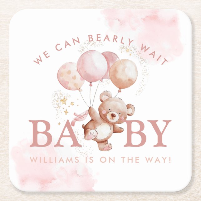 Dessous De Verre Carré BAILEY Pink Bearly Wait Teddy Bear Baby shower (Devant)