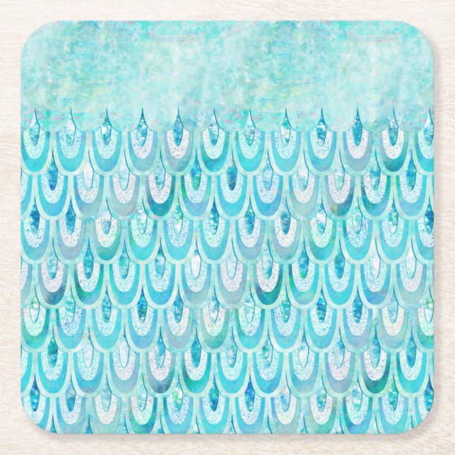 Dessous De Verre Carré Balances de poissons Turquoise bleu brillant (Devant)