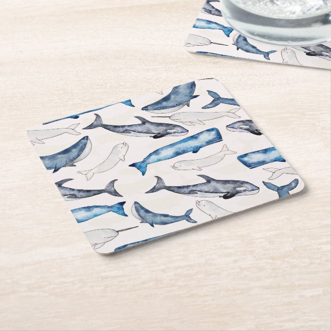 Dessous De Verre Carré Baleines aquarelles (Incliné)