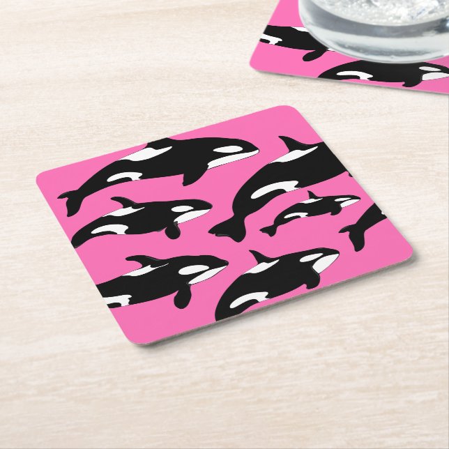 Dessous De Verre Carré Baleines d'Orca en rose (Incliné)