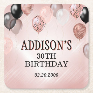 Dessous De Verre Carré Ballons d'or Rose d'anniversaire