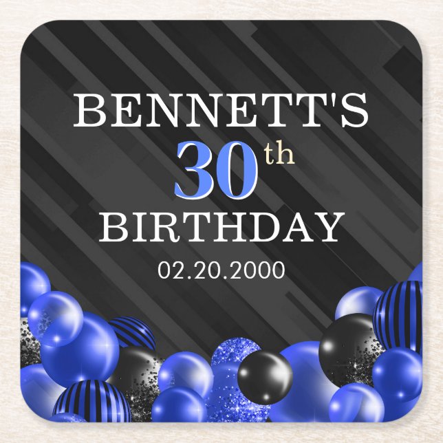Dessous De Verre Carré Balloons Bleu Noir Anniversaire serviettes (Devant)