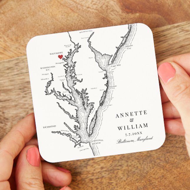Dessous De Verre Carré Baltimore Maryland Élégant Mariage noir blanc (Personalized Baltimore MD Map Drink Coasters for an elegant black and white Maryland wedding)