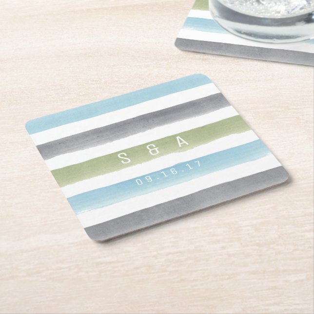 Dessous De Verre Carré Bandes d'aquarelle rustique monogramme mariage de  (Incliné)