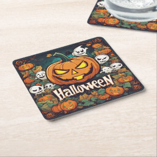 Dessous De Verre Carré Bannière Halloween avec citrouilles et fantômes -