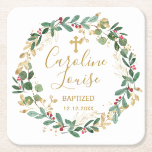 Dessous De Verre Carré Baptême Bébé Vert Gold Foliage