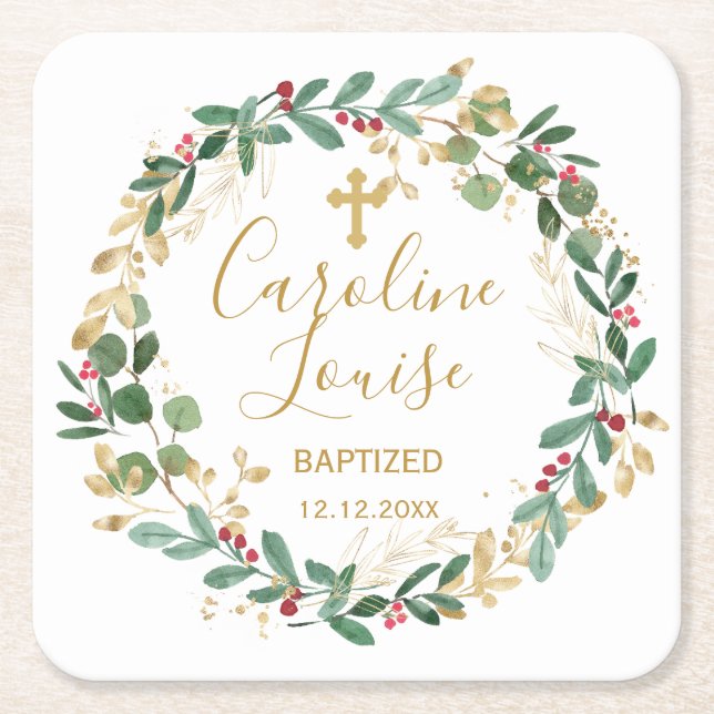 Dessous De Verre Carré Baptême Bébé Vert Gold Foliage (Devant)