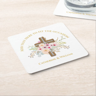 Dessous De Verre Carré Baptême personnalisé et croix florale
