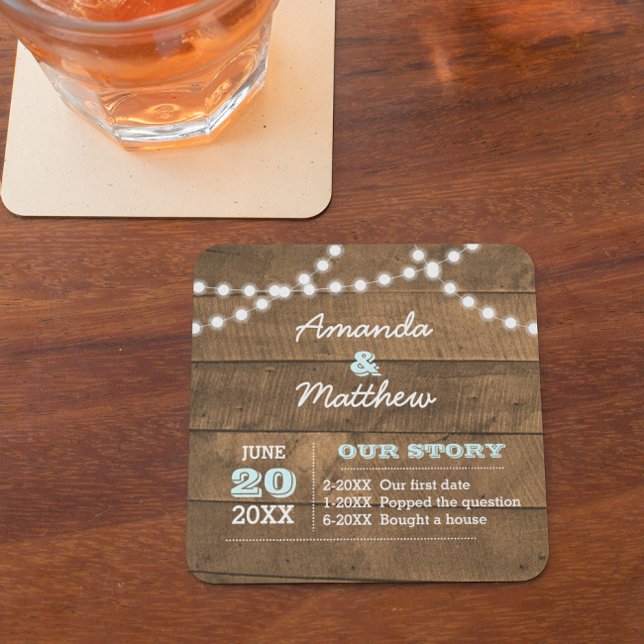Dessous De Verre Carré Barnwood Lights Aqua Mariage personnalisé (Créateur téléchargé)