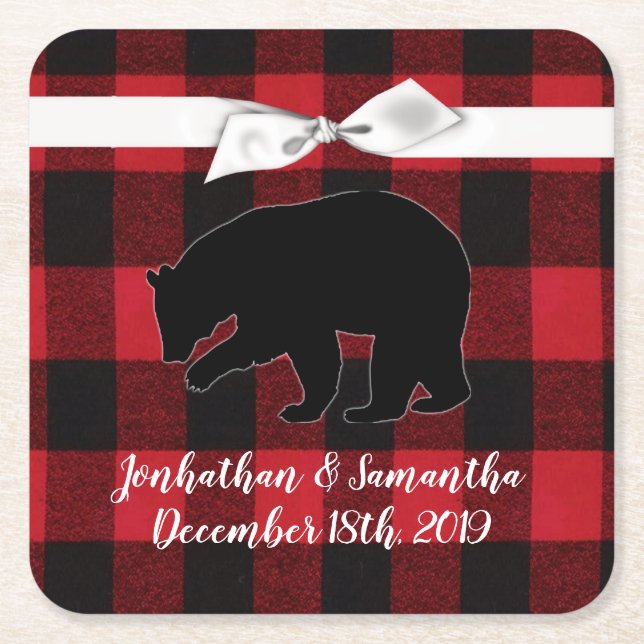 Dessous De Verre Carré Barres de boisson Rouge Buffalo Plaid Ours Noir (Devant)