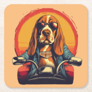 Dessous De Verre Carré basset cool hound biker au coucher du soleil