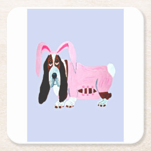 Dessous De Verre Carré Basset Hound en costume de lapin